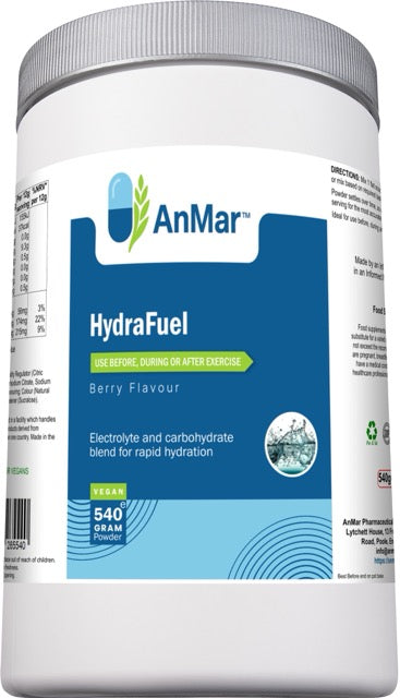 Front up label of AnMar™ HydraFuel 540g berry flavour hydration powder showing branding, flavour, exercise usage guidance, and vegan certification.