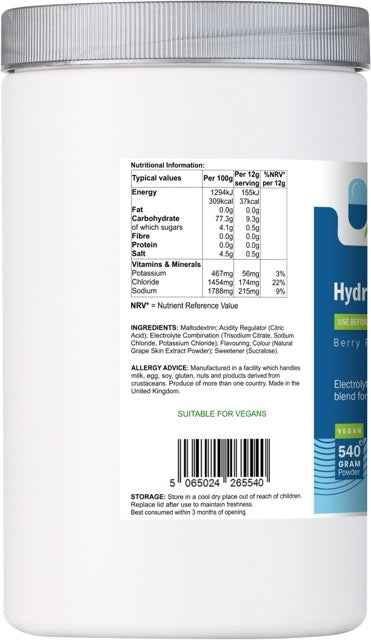 Side label of AnMar™ HydraFuel 540g tub displaying nutritional values, ingredients, allergens, and vegan suitability.