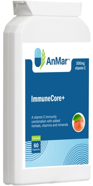 Angled front view of AnMar™ ImmuneCore+ supplement bottle featuring a 500mg vitamin C formula with added herbals, vitamins, and minerals. Vegan, 60 capsules.