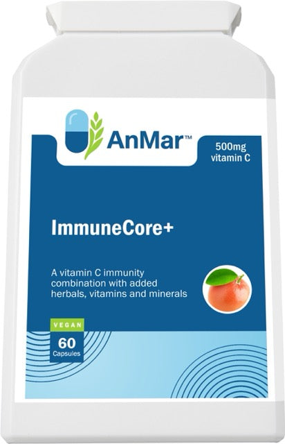 Top-down product image of AnMar™ ImmuneCore+ bottle, a 500mg vitamin C supplement with added botanicals, minerals, and vitamins for immune support. 60 vegan capsules.