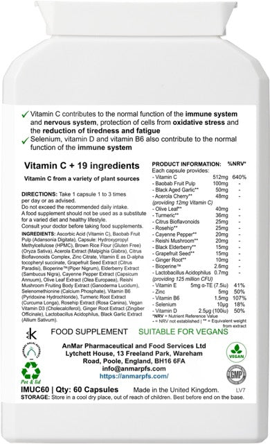 Back label of AnMar™ ImmuneCore+ supplement bottle showing vitamin C complex with 19 ingredients including herbs, probiotics, and essential nutrients. Lists directions, ingredients, and nutrition information for 60 vegan capsules.
