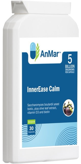 Angled front view of AnMar™ InnerEase Calm bottle showing product label, 5 billion organisms per capsule, and vegan-friendly 30 capsule count.