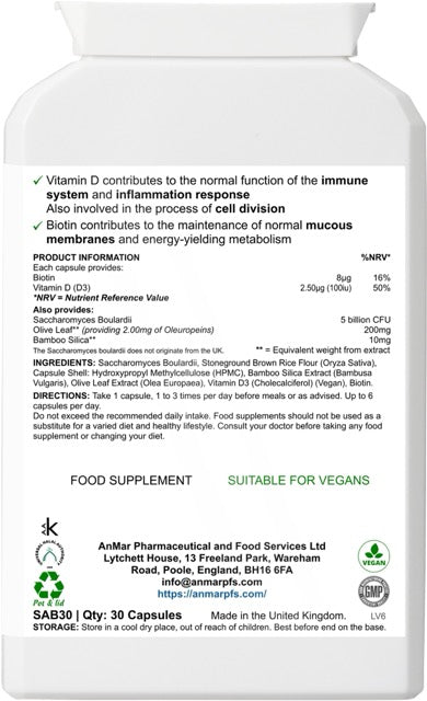 Back label of AnMar™ InnerEase Calm showing supplement facts, ingredients including Saccharomyces boulardii, olive leaf extract, bamboo silica, vitamin D3, and biotin, plus usage instructions.