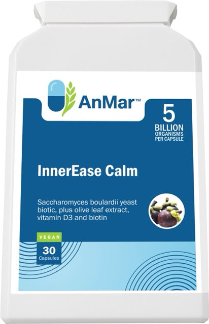 Front label of AnMar™ InnerEase Calm showing it contains 5 billion organisms per capsule, featuring Saccharomyces boulardii, olive leaf extract, vitamin D3, and biotin. Vegan formula with 30 capsules.