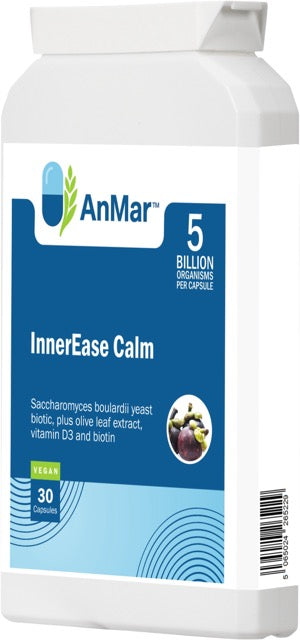 Angled front view of AnMar™ InnerEase Calm bottle showing 5 billion organisms per capsule, with Saccharomyces boulardii, olive leaf extract, vitamin D3, and biotin. Vegan, 30 capsules.