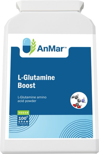 Angled front label view of AnMar™ L-Glutamine Boost 100g vegan amino acid powder with molecule graphic.