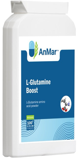 Angled front view of AnMar™ L-Glutamine Boost 100g amino acid powder showing vegan-friendly packaging and molecular illustration.