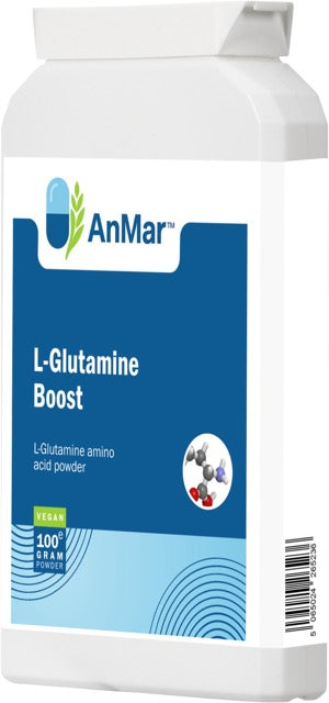 Angled front view of AnMar™ L-Glutamine Boost 100g powder showing the product label and barcode panel.
