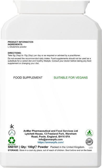 Back label of AnMar™ L-Glutamine Boost 100g powder showing ingredients, usage directions, and vegan suitability.