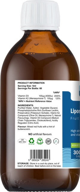 Back label of AnMar™ Liposomal Boost D3 + K2 300ml bottle showing supplement facts, ingredients list, and barcode.