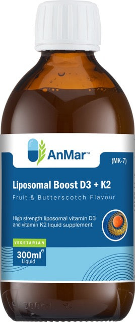 Front view of AnMar™ Liposomal Boost D3 + K2 300ml bottle with blue label, white cap, and butterscotch flavour branding.