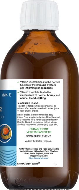 Rear view of AnMar™ Liposomal Boost D3 + K2 300ml liquid supplement showing usage directions and health claims.