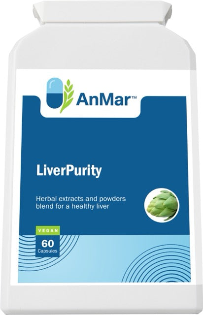 Angled front view of AnMar™ LiverPurity bottle showing the product label with liver support description and green artichoke image.