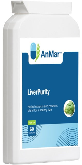 Angled front view of AnMar™ LiverPurity supplement showing label with vegan icon, 60 capsules, and liver health support formula.