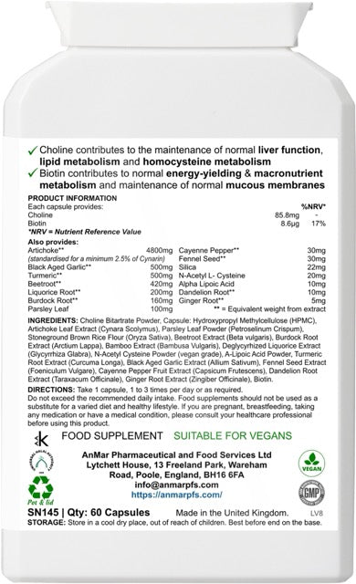 Back label view of AnMar™ LiverPurity supplement bottle showing full ingredient list, usage directions, and nutritional values for liver support.
