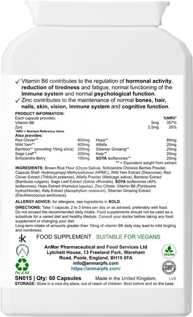 Back label of AnMar™ MenoGlow showing supplement facts, ingredients, directions, and health claims for hormonal balance, fatigue reduction, and immune support.