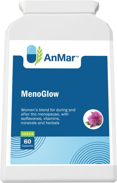 Flat front label of AnMar™ MenoGlow bottle showing menopause support supplement with isoflavones, vitamins, minerals, and herbal blend – 60 vegan capsules.