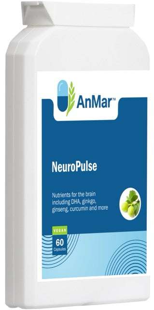 Angled view of AnMar™ NeuroPulse supplement bottle featuring blue label with brain support benefits, vegan status, and 60 capsules per pack.