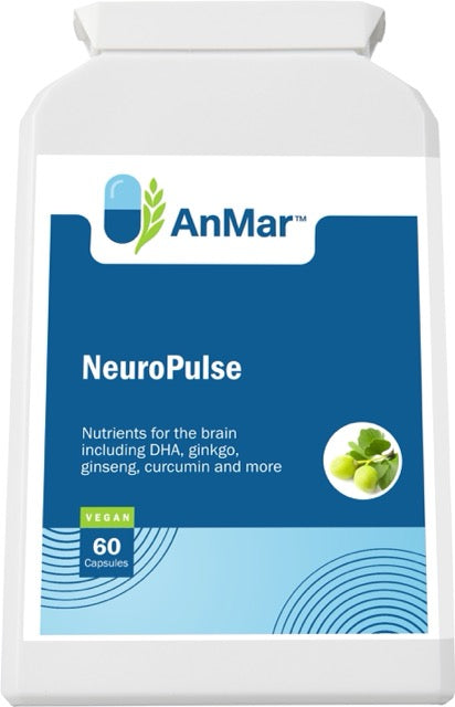 Front angled label of AnMar™ NeuroPulse 60 vegan capsules, featuring ingredients for brain support including DHA, ginkgo, ginseng, and curcumin.