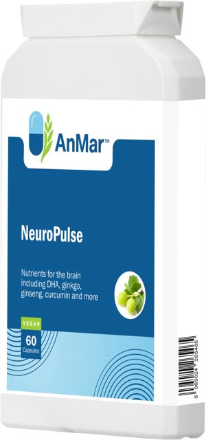 Front-side view of AnMar™ NeuroPulse vegan supplement bottle showing product label for brain health support with DHA, ginkgo, ginseng, and curcumin.