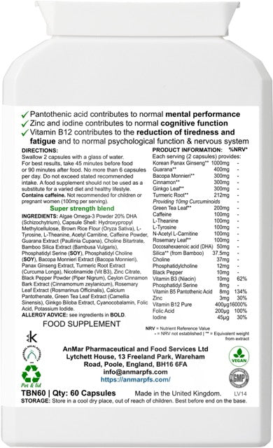 Rear label of AnMar™ NeuroPulse bottle showing full ingredient list, nutritional values, suggested use, and health claims for brain and cognitive support.