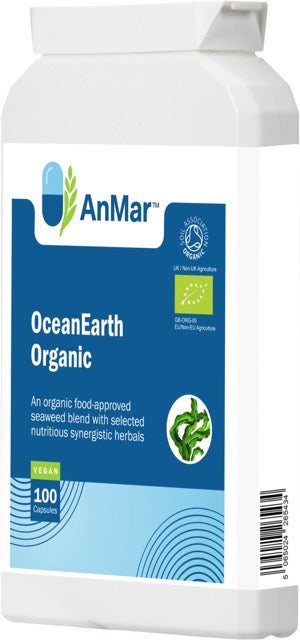 Side view of AnMar™ OceanEarth Organic supplement bottle featuring 100 vegan capsules with organic seaweed and synergistic herbs, certified by UK Soil Association and EU Organic.