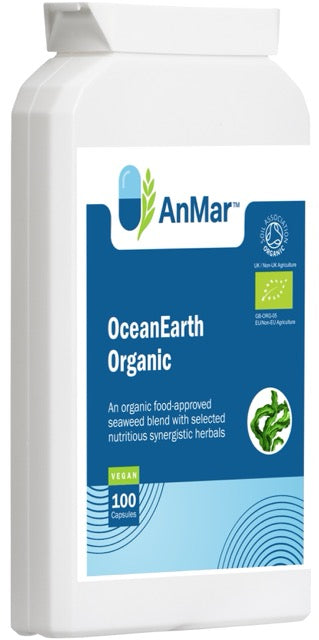Angled view of AnMar™ OceanEarth Organic supplement bottle, showing front label with vegan certification and organic seaweed and herbal complex branding.
