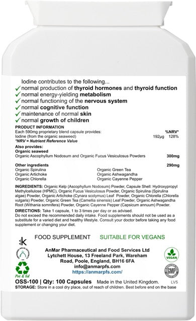 Back label of AnMar™ OceanEarth Organic supplement showing nutritional information, ingredients including organic kelp, chlorella, green tea, cayenne, and ashwagandha, plus iodine content and suitability for vegans.