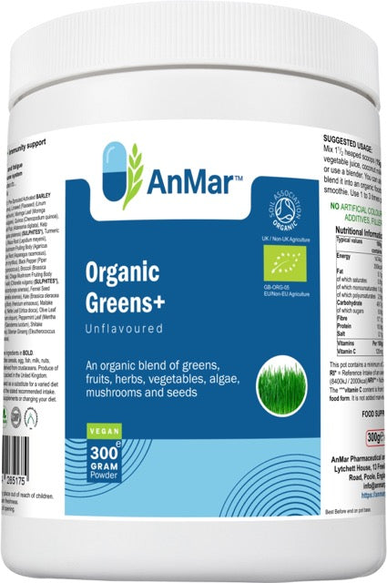 Angled front view of AnMar™ Organic Greens+ 300g tub displaying product label, vegan and organic certification logos, and details about its blend of greens, fruits, vegetables, herbs, algae, and seeds.