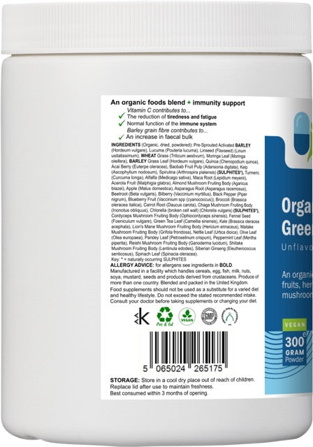 Left side of AnMar™ Organic Greens+ 300g tub displaying full ingredient list, allergy advice, certifications, storage instructions, and product barcode.