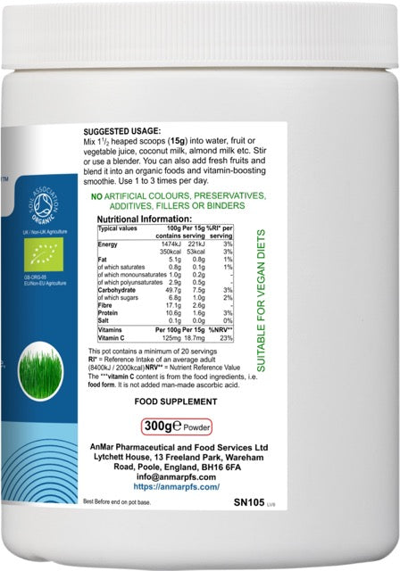 Right side of AnMar™ Organic Greens+ 300g tub showing suggested usage, nutritional information panel, vegan suitability, and powder weight label.