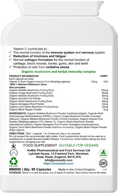 Back label of AnMar™ Organic Mushroom Fusion showing ingredients, nutritional information, usage directions, and vegan certification. Highlights organic mushroom blend with acerola, astragalus, and black pepper for immune support.