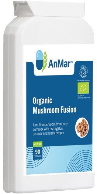 Left-angled view of AnMar™ Organic Mushroom Fusion bottle containing 90 vegan capsules. Features a blue and light green label with Soil Association organic certification and key ingredients including mushrooms, astragalus, acerola, and black pepper.