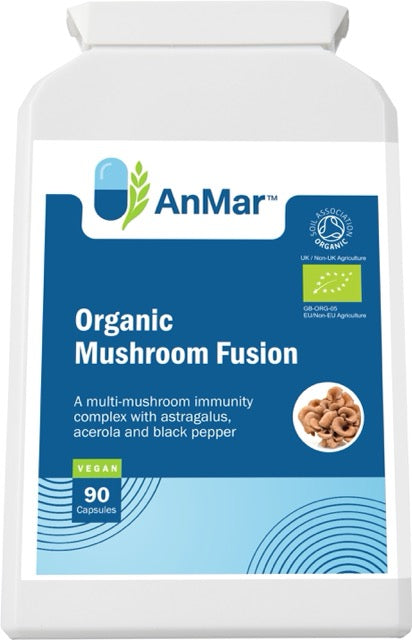 Angled view of AnMar™ Organic Mushroom Fusion supplement bottle containing 90 vegan capsules, with organic certification badge and a blend of mushrooms, astragalus, acerola, and black pepper.