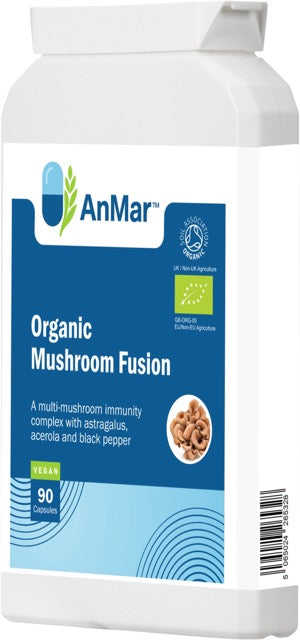 Right-angled view of AnMar™ Organic Mushroom Fusion supplement bottle with 90 vegan capsules, displaying Soil Association organic certification, featuring a blend of mushrooms, astragalus, acerola, and black pepper.