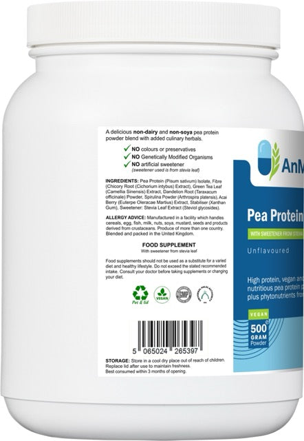 Back label of AnMar™ Pea Protein+ 500g tub showing ingredients, allergy advice, usage directions, certifications, and barcode.