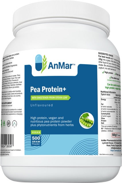 Front label of AnMar™ Pea Protein+ 500g tub showing product name, vegan logo, stevia sweetener, and green pea image on blue background.