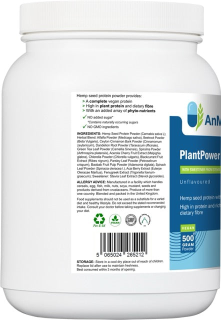 Left side of AnMar™ PlantPower Hemp 500g tub showing ingredients list, nutritional claims, and barcode.