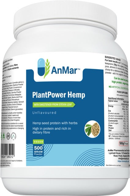 Angled front view of AnMar™ PlantPower Hemp 500g tub, unflavoured vegan hemp protein with added herbs and dietary fibre.