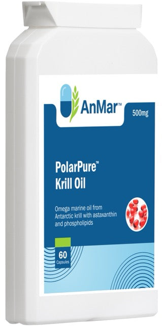 Angled left-side view of AnMar™ PolarPure™ Krill Oil 500mg bottle showing omega marine oil from Antarctic krill with astaxanthin and phospholipids.