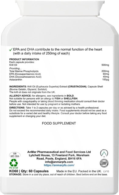 Back label of AnMar™ PolarPure™ Krill Oil 500mg bottle showing ingredients, nutritional values for EPA, DHA, phospholipids, and astaxanthin, plus dosage and allergy information.