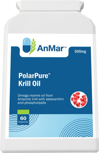 Front-facing upright view of AnMar™ PolarPure™ Krill Oil 500mg bottle highlighting omega marine oil from Antarctic krill with astaxanthin and phospholipids.