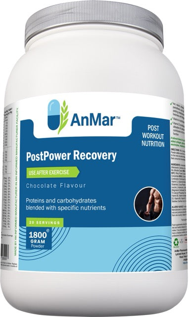 Front of AnMar™ PostPower Recovery supplement in chocolate flavour, showing post-workout protein and carbohydrate blend with highlighted muscle graphic.