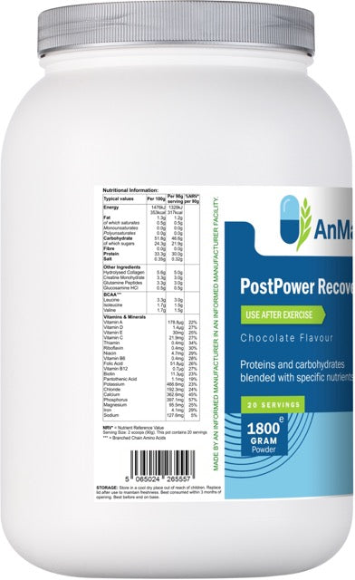 Side view of AnMar™ PostPower Recovery chocolate flavour showing full nutritional breakdown, vitamins, minerals, and BCAA content.