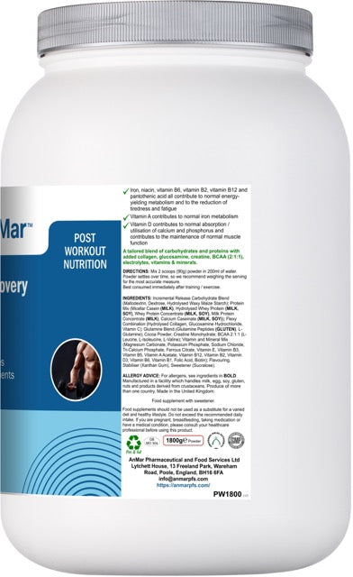 Back label of AnMar™ PostPower Recovery chocolate flavour showing ingredients, directions, BCAA content, and nutritional claims.