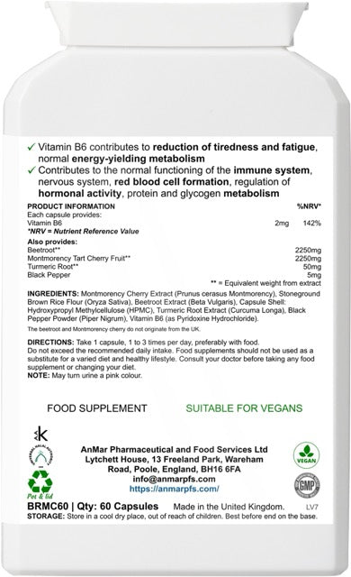 Back label of AnMar™ Red Root Harmony supplement showing ingredients including montmorency cherry extract, beetroot extract, turmeric root, black pepper, vitamin B6, and directions for use. Suitable for vegans, 60 capsules.