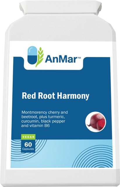 Front label of AnMar™ Red Root Harmony supplement featuring montmorency cherry, beetroot, turmeric, curcumin, black pepper, and vitamin B6. Vegan-friendly formula in 60 capsules.