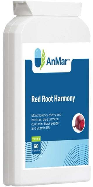 3D angled bottle view of AnMar™ Red Root Harmony dietary supplement featuring montmorency cherry, beetroot, turmeric, curcumin, black pepper, and vitamin B6 in 60 capsules. Vegan formula.