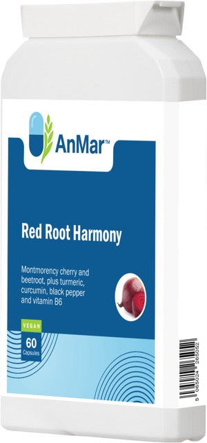Front right view of AnMar™ Red Root Harmony dietary supplement bottle featuring montmorency cherry, beetroot, turmeric, curcumin, black pepper, and vitamin B6 in a 60 capsule vegan formula.