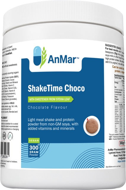 Front top down label of AnMar™ ShakeTime Choco 300g tub showing vegan chocolate-flavoured protein meal shake with non-GMO soya, stevia sweetener, and added vitamins and minerals.
